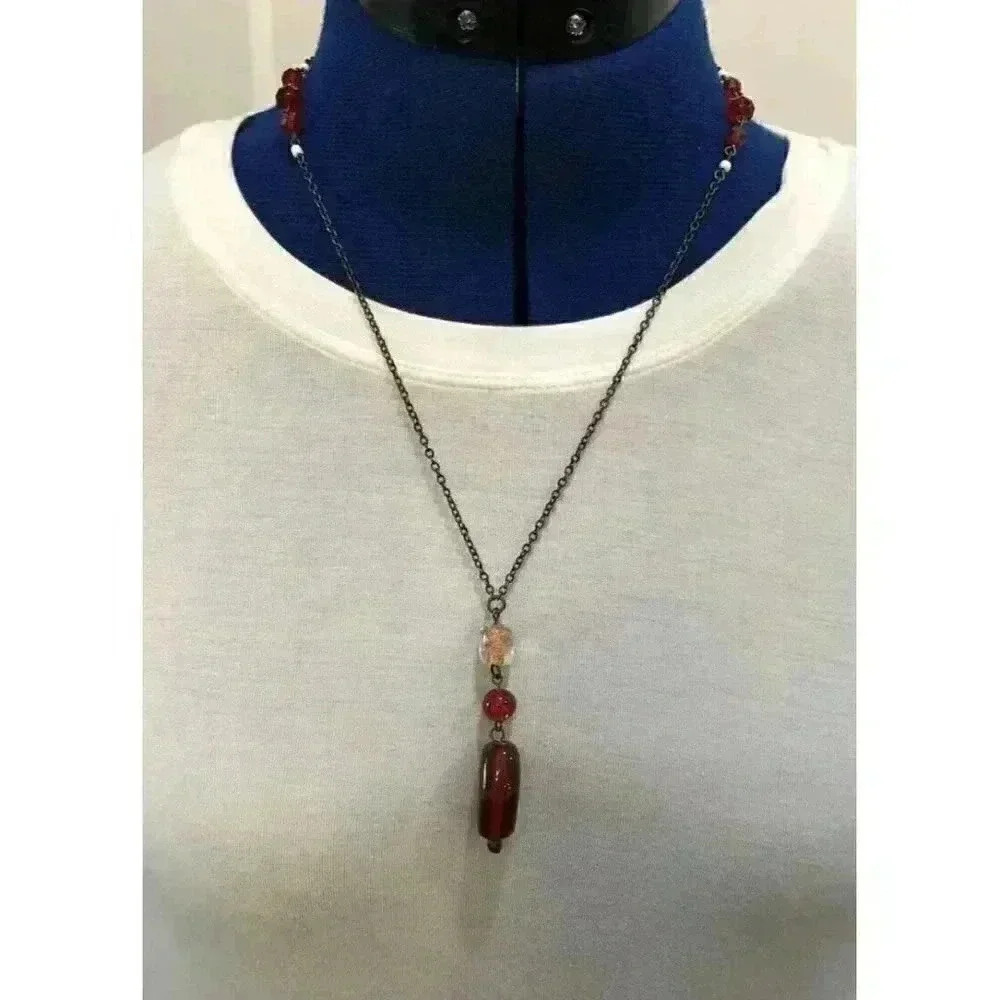 Vintage Style Red Glass Drop Necklace Bronze Chain Boho Artisan Tiered Pendant